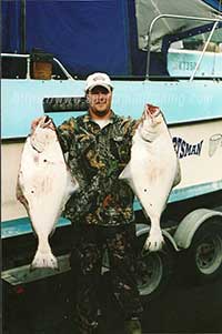 two nice chicken halibut caught on a lucky jig