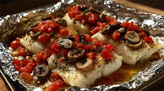 photo of alaska cod portobello in aluminum foil with dices tomatoes, red peppers, black olives and sliced mushrooms
