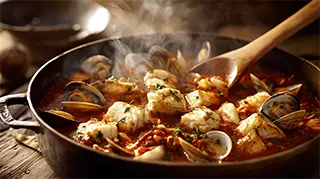 photo of alaskan cioppino with cod and clams in a nice tomato and vegetable sauce