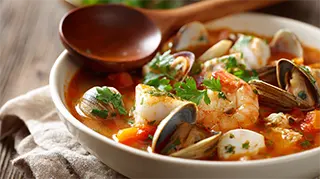 photo of a bowl of baja seafood stew with cod, clams, shrimp, crabs and vegetables