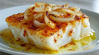 photo of a baked cod fillet topped with sliced onions and paprika