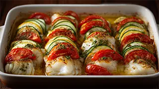 photo of a baked cod fish casserole with sliced tomato and zucchinni on top