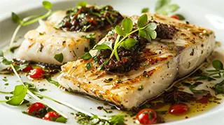photo of baked sea bass with black olive sauce