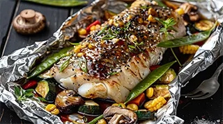 photo of a baked sea bass with teriyaki vegetables