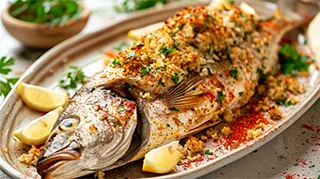 photo of a baked whole striped bass with rice stuffing