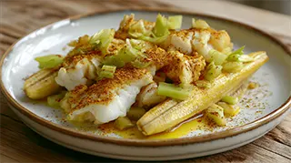 photo of a serving dish with banana fish with a celery, curry and soy sauce spooned over it