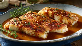 photo of bass and beer fillets covered in a brown sugar, butter and onion sauce