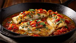 photo of a dish of bass neapolitan with tomato, red bell pepper and white wine sauce