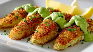 photo of bass fillets with avocado sauce and coated with bread crumbs