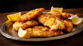 photo of deep fried batter coated panfish with lemon wedges