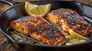 photo of blackened artic char with lemon wedges in a cast iron skillet