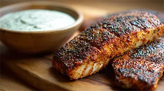 photo of blackened red snapper fillets with lime cilantro aioli on the side