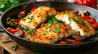 photo of breaded sea bass with red bell peppers, mushrooms, chives and parsley