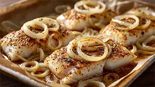 photo of broiled bass fillets with onion rings and worcestershire sauce