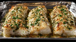 photo of broiled perch on tin foil with chives, parmesan cheese and butter