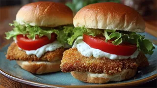 photo of two carp sandwiches with lettuce, tomato and tartar sauce on two hamburger buns
