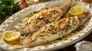 photo of classic sea bass almondine with golden slivered almonds