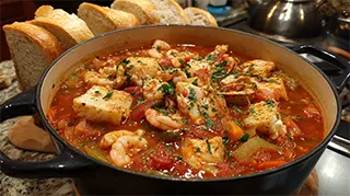 photo of a pot full of cod cioppino with clams, crab, shrimp, tomatoes, peppers and white wine