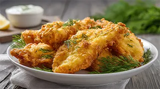 photo of crispy fried bass fillets on a white platter garnishec with dill and dressing on the side