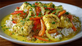 photo of curried northern pike with vegetables and coconut milk sauce