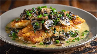 photo of fancy fried bass fillets cooked in a wine, green onion, mushroom and lemon juice sauce.