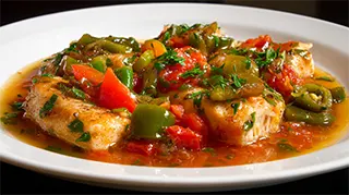 photo of a plate of fish neapolitan with green peppers, tomatoes, parsley and vermouth