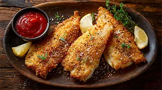 photo of fried crappie fillets coated in pancake mix with lemon and pepper seasoning and coctail sauce on the side