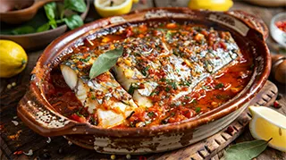 photo of greek style sea bass with rich tomato sauce and mediterranean herbs