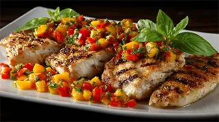 photo of grilled bass with mango and basil relish