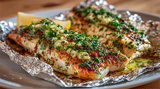 photo of grilled bluefish fillets in aluminum foil with Lipton's Savory Herb and Garlic sauce mix