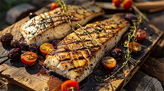photo of grilled sea bass fillets with olives, tomatoes and garlic