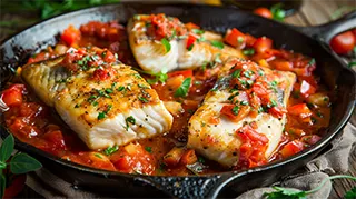 photo of italian fish neapolitan with rich tomato and pepper sauce