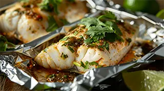 photo of mexican style sea bass in foil packets with green chiles and cilantro