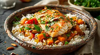 photo of moroccan catfish over fluffy rice