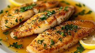 Photo of a plate of caffish piccata with lemon butter sauce