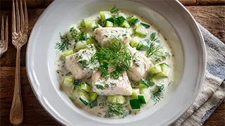 photo of poached bass fillets in creamy cucumber sauce