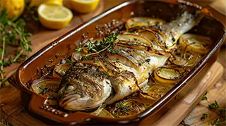 photo of a portuguese style baked sea bass with caramelized onions