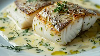 photo of 2 sea bass fillets with creamy white wine sauce