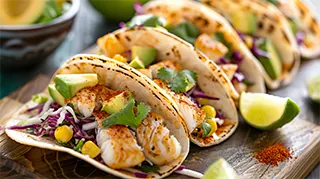 photo of 8 spicy striped bass tacos with avocado and coleslaw