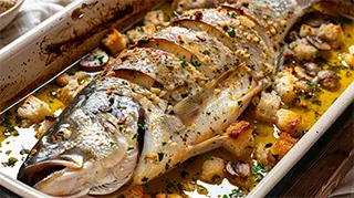photo of a whole stuffed sea bass with mushrooms, croutons and garlic