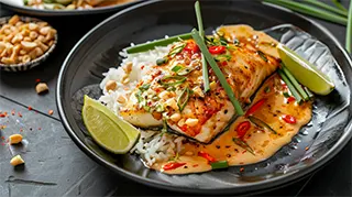 photo of a thai style sauté sea bass fillet with creamy peanut sauce